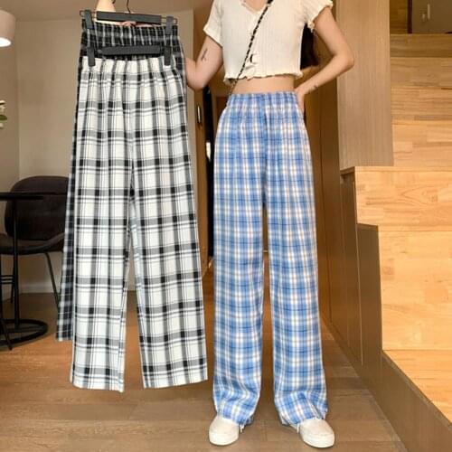 Japanese Harajuku Casual Pants Women 2021 Fashion Straight Plaid Pants Elastic High Waist Ankle Length Loose Casual Pants