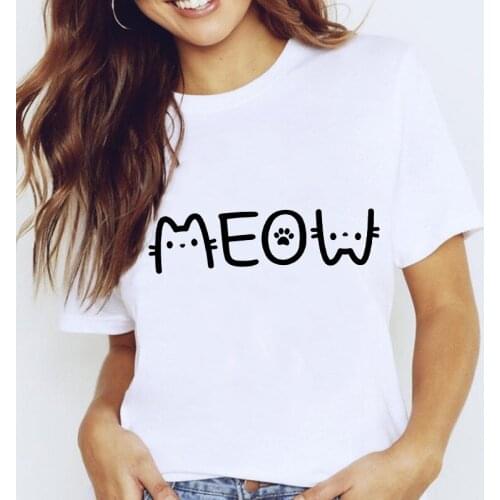 Women Graphic Animal Letter Cat Cute Spring Summer 90s Love Short Sleeve Lady Clothes Tops Tees Print Female Tshirt T-Shirt