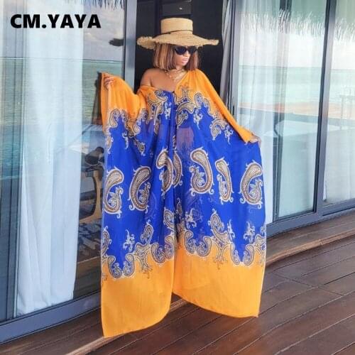 CM.YAYA Women Set Print Full Batwing Sleeve V-neck X-long Tops Stretchy Shorts Two 2 Piece Sets Fashion Beachwear Summer Outfits