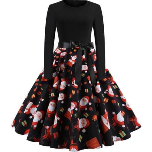 Women Vintage Party A Line Dress Long Sleeve V Neck Santa Claus Christmas Printed Big Swing Dresses With Belt Vestido De Mujer