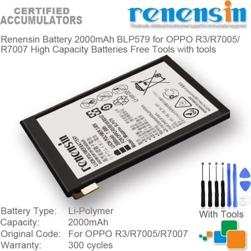 Renensin Battery 2000mAh BLP579 for OPPO R3/R7005/ R7007 High Capacity Batteries Free Tools with tools