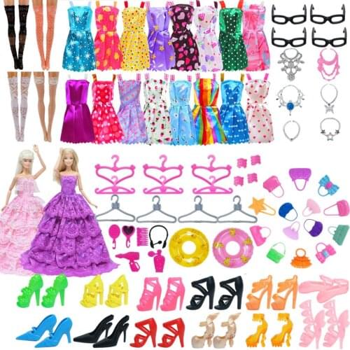 BJDBUS Doll Accessories for Barbie Doll Clothes Mixed Mini Dress Handbags Hangers High Heels Shoes Necklaces Glasses Kids Toy