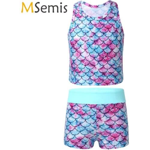 Kids Girls Tankini Swimsuit Sleeveless Racer Back Fish Scales Printed Swimsuit Swimwear Bathing Suit Set Tops with Bottoms
