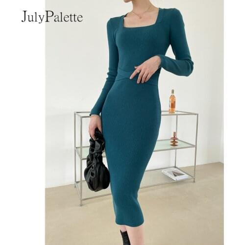 JulyPalette Elegant Ladies Square Collar Slim Dress Autumn Vintage Bandage Women Long Sleeve Bodycon Knitted Dress 2021 New