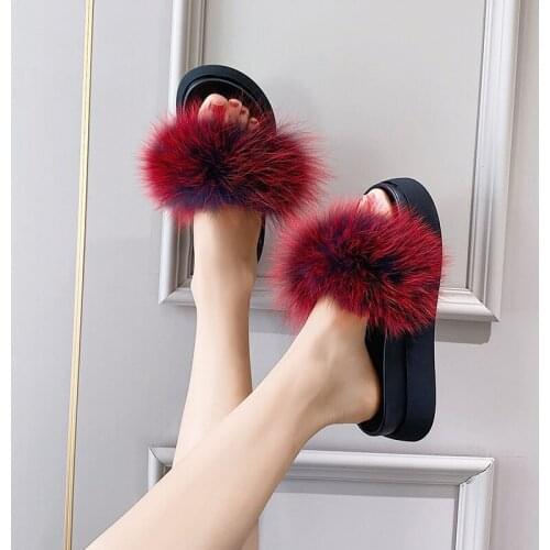 Summer fox fur outer wear thick-soled high-heeled slippers with a word belt all-match casual flat-bottomed womens sandals