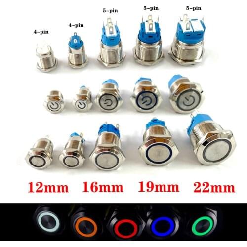 Metal Button Switch 12/16/19/22mm Car Engine Power Switch 3V 5v 12v 24v 220v LDE Light Momentary Self-locking Waterproof Button