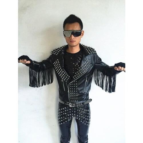 Man Band Rock Drum Men And Women Singer DJ Adult Show Rivet Jacket Punk PU Leather Tassel Coats Tops Boys Male Show Costumes