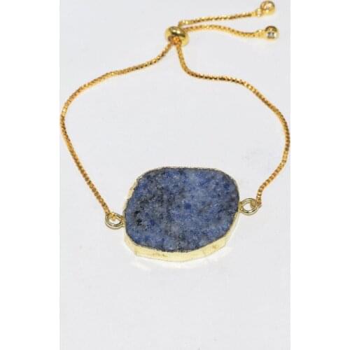 Irregular Blue Crystal quartz connector men bracelet adjustable Blue natural slice 2 loop stone gold chain bracelet homme 2019