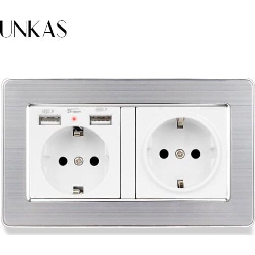 UNKAS Wall Socket EU Standard Power Outlet With Dual USB Smart Induction Charge Port For Mobile 5V 2.1A Stainless Steel Panel