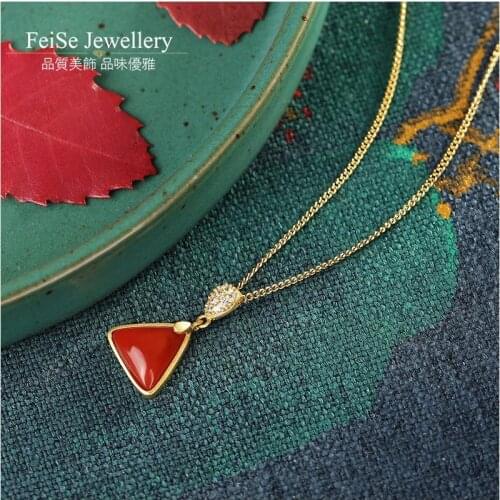 Original S925 Silver Necklace Inlaid Natural South Red Agate Simple Triangle Personal Influencer Female Clavicle Chain Pendant