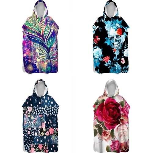 Customizable Rose Flower Pattern Double-Faced Fleece Quick-Drying Beach Towel Warm Bathrobe Diving Swimming Hooded Surf Cloak