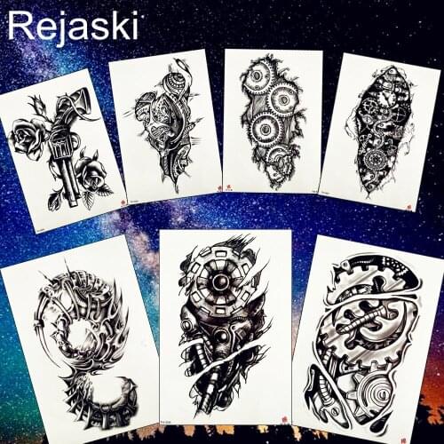 REJASKI Robotic Arm Gear Mechanical Gun Temporary Tattoo Sticker Totem Black Painting Tattoos Body Art Fake Tatoo Mens Fashion