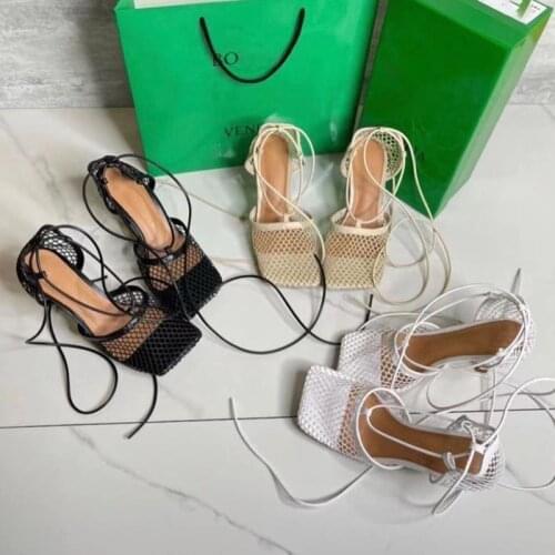 Square-headed Lace Mesh Sandals Cross-strap High Heels Candy-colored Hollow Sandals Girl