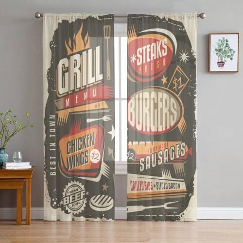 Menu Retro Style Restaurant Poster Tulle Sheer Window Curtains for Living Room Kitchen Children Bedroom Voile Hanging Curtain