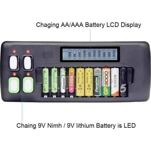 14-slot AA AAA battery charger LCD display smart charger, suitable for 1.2V AA AAA Ni-MH Ni-Cd 9V 6F22 rechargeable batteries