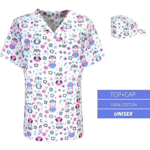 Uniforms Top Anime Teeth Printing Doctors Nurse Working Uniform for Women Men Lab Dental Clinic Lab Nursing Scrubs Tops and Caps
