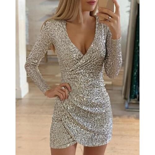 Spring Women Ruched Sequins Bodycon Mini Dress Long Sleeve Slim Sexy V-Neck Party Dress Female 2021 New Year Club Wear Vestidos
