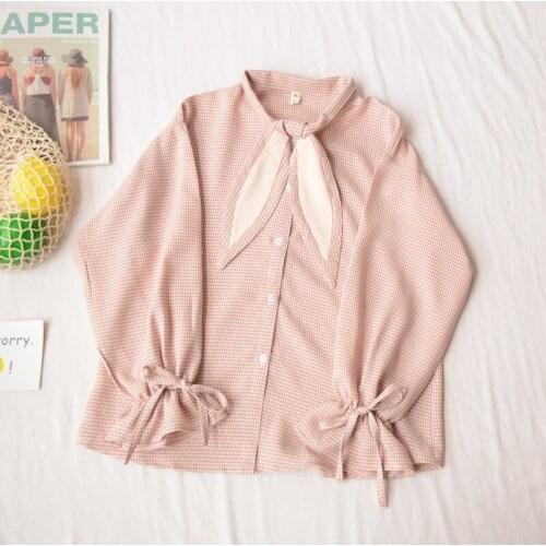 Japanese student sweet lolita shirt cute rabbit ears tie flare sleeve lattice victorian shirt kawaii girl gothic lolita top loli