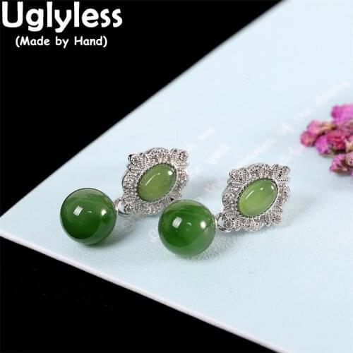 Uglyless Natural Green Jade Jasper Earrings for Women Rhombus Zircons Studs Earrings 100% Real 925 Sterling Silver Brincos Gems