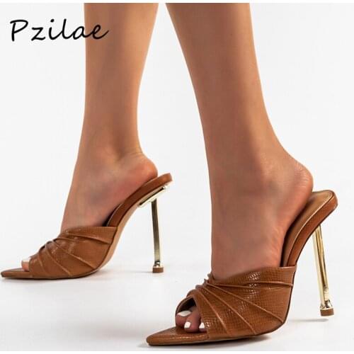 Pzilae 2022 New Mule High Heels Womens Slippers Sexy Peep Toe Fashion Pleated Snake Print Pumps Slides Party Shoes Woman