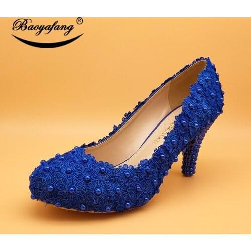 BaoYaFang Royal Blue Black Flower Ladies shoes Woman 8cm High heel Red Sole shoes Round Toe Dress shoes Bridal Wedding shoes