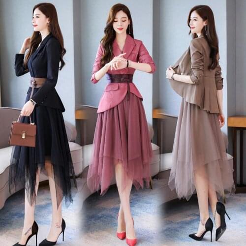 Women Net skirt suits office lady suit lady uniform Formall skirt and suits jacket 2 piece set plus size women blazer skirt set