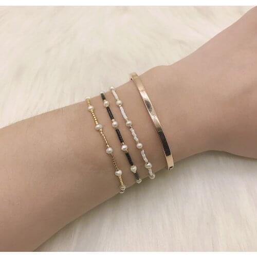 BLUESTAR Simple Cheaper Woven Bead Charm Bangle Handmade Braided Pearl Bead Bracelets For Summer Beach