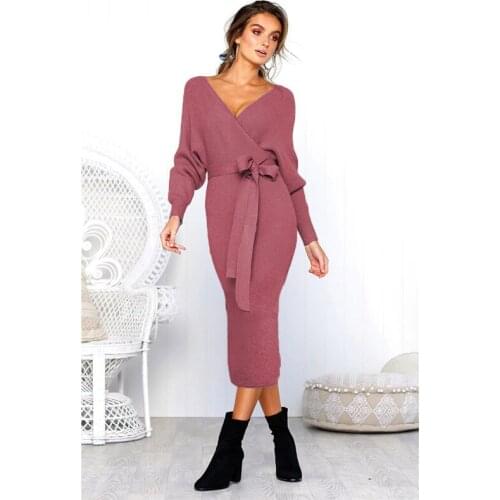 2021 Fashion Sexy V-neck Women Knitted Dresses Spring Winter Batwing Sleeve Elegant Party Female Sweater Long Sleeve Dress