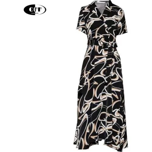 Designer Clothes Casual Wave Vintage Midi-long Dresses For Women Short Sleeve Turn-down Collar Elegant Dress Classy Summer Robe