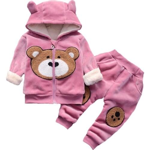 Winter Warm Thick Plush Heavy Baby Girls Clothing Set Bear Internal Plush Hoodies + Pants 2Pcs Suit New Year Present For Kids