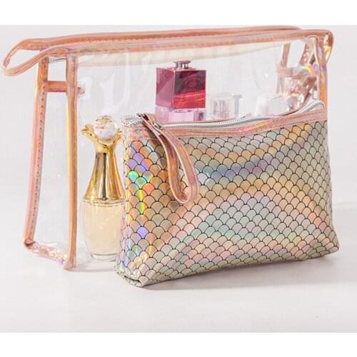2PCS 2019 New Fish Scales Laser Make Up Bag Transparent PVC Cosmetic Bag Waterproof Travel Toiletry Storage Bag Pouch BB65