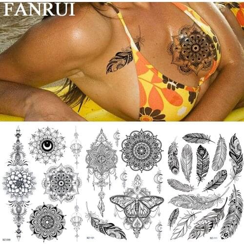 FANRUI Flower Black Henna Temporary Tattoos Sticker Feather Butterfly Fake Tatoos For Women Sexy Girl Body Art Custom Tattoo