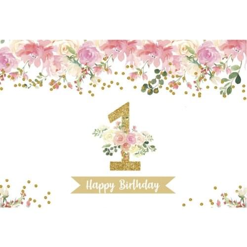Happy 1st Birthday Backdrop Pink Flower Photography Background Celebration Photo Booth Studio Decor
