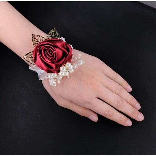 Simulation Leaf Rose Wrist Flower Wedding Supplies Bridesmaid Corsage Rhinestone Pearl Hand Flower Event Decor