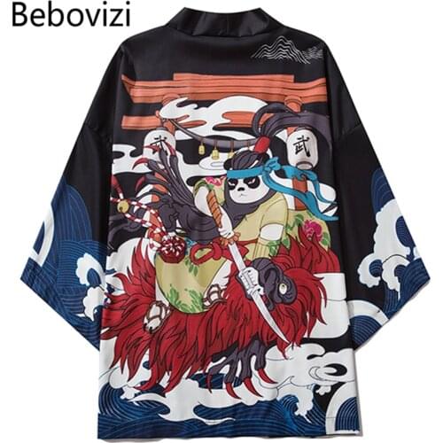 Bebovizi 2020 Summer Men Women Chinese Style Anime Panda Samurai Kimono Streetwear Cardigan Japanese Robe Female Clothing