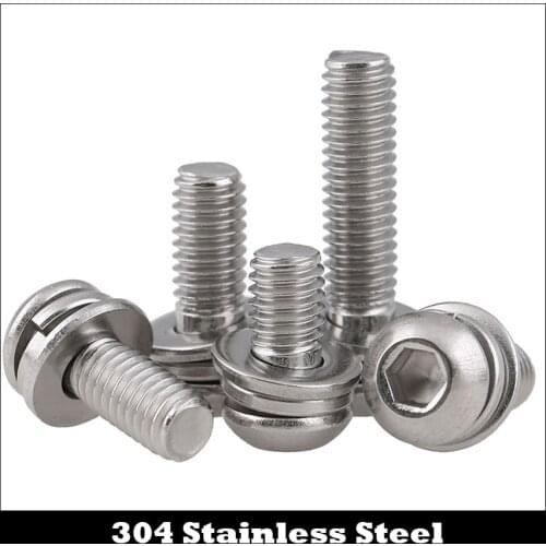 M6 M6*10/12/16/20/25/30 M6x10/12/16/20/25/30 304 Stainless Steel ss Plain Spring Washer Hexagon Socket Round Head Screw Assembly