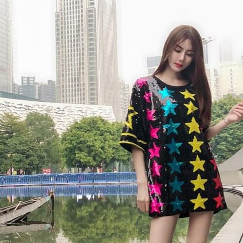 2020 Fashion The New Loose Heavy Work Sequin Colored Stars Short Sleeve T-shirt Free Shipping