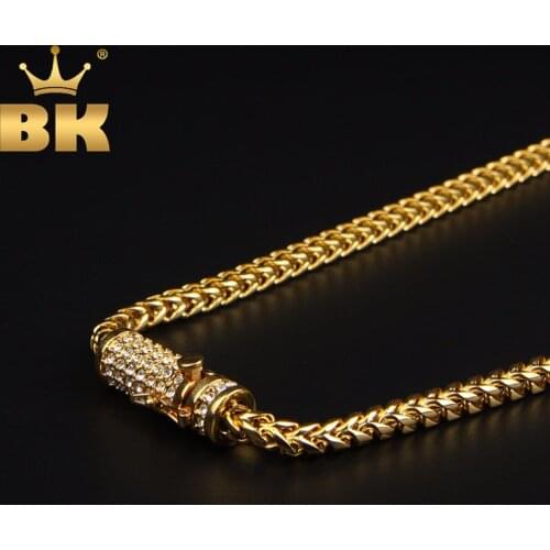 Trendy Mens Gold Franco Chain Necklace Upgrade Rhinestones Box Clasp Stainless Steel Necklace Hiphop Jewelry Wholesale