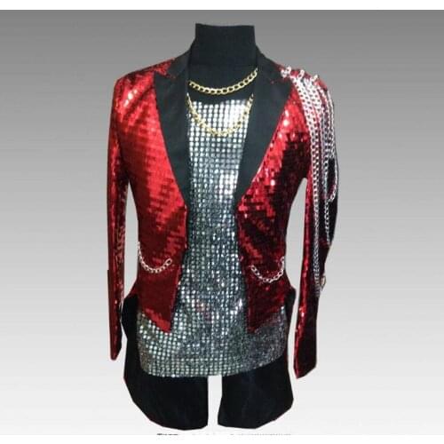 Mens Fashion Champagne Gold Silver Red Blue Black Sequins Tuxedo Swallowtail Coat DJ Singers Paillette Jacket Costume Outfit