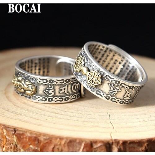 BOCAI 2020 new S925 silver jewelry Thai silver exquisite men ring adjustable size six-word mantra good luck silver ring for men