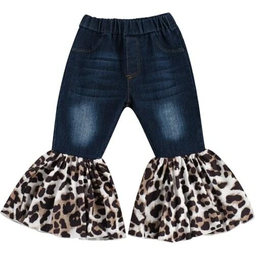 New Little Girls' Flare Pants Elastic Waist Leopard Print Boot Cut Denim Long Trousers with Pocket