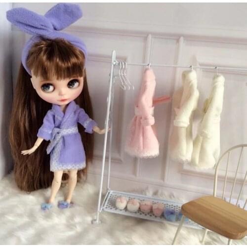 Blythes OB24 doll clothes is a three-piece nightgown that includes a robe, tiara and plush slippers doll accessories