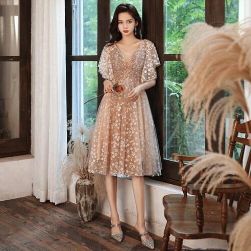 New V-Neck Elegant Evening Dress Empire Floral Print A-Line Pleat Short Sleeves Tea-Length Tulle Woman Formal Party Gowns A1285