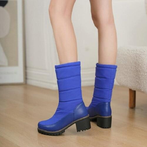 ZawsThia 2021 Cold Weather Winter Super Warm Faux Fur Plush Lined Down Fabric Womens Shoes Chunky High Heels Mid-calf Snow Boots