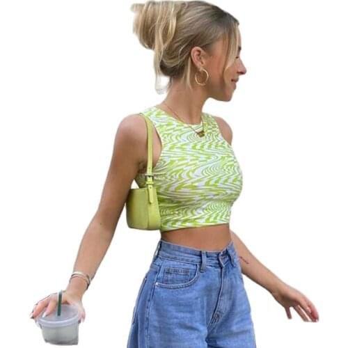90s Aesthetics Striped Print Crop Tops Y2K Summer Streetwear Sleeveless O-neck Green Baby Tanks Women 2021 Sexy Vests
