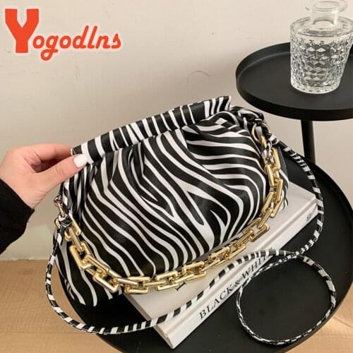 Yogodlns Trendy Zebra Pattern Shoulder Bag Women PU Leather Pleated Handbag Chains Crossbody Bag Cow Pattern Messenger Bag Purse