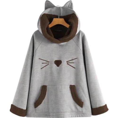 Winter Casual Embroidery Cat Moustache Women Hoodie Harajuku Splicing Rabbit Ear Gray Sweatshirt Winter Casual Pullover Female