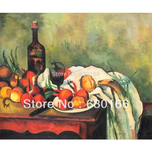 100% Hand Painted Oil Paintings - Still Life with Onions and Bottle by Paul Cezanne Still Life Fruit Painting Horizontal
