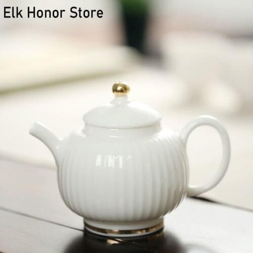 230ml Mutton Fat Jade Outline In Gold White Pottery Teapots Master Cups Handmade Kettle Ball Hole Filter Dahongpao Teaware