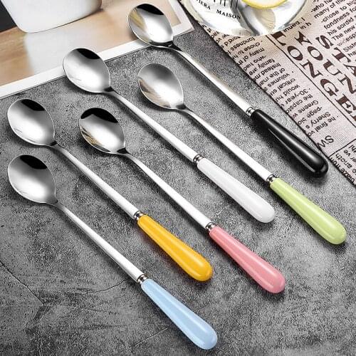 304 Stainless Steel Tableware Color Pomelo Ceramic Creative Long Handle Dessert Coffee Stirring Spoon Gift Accessories